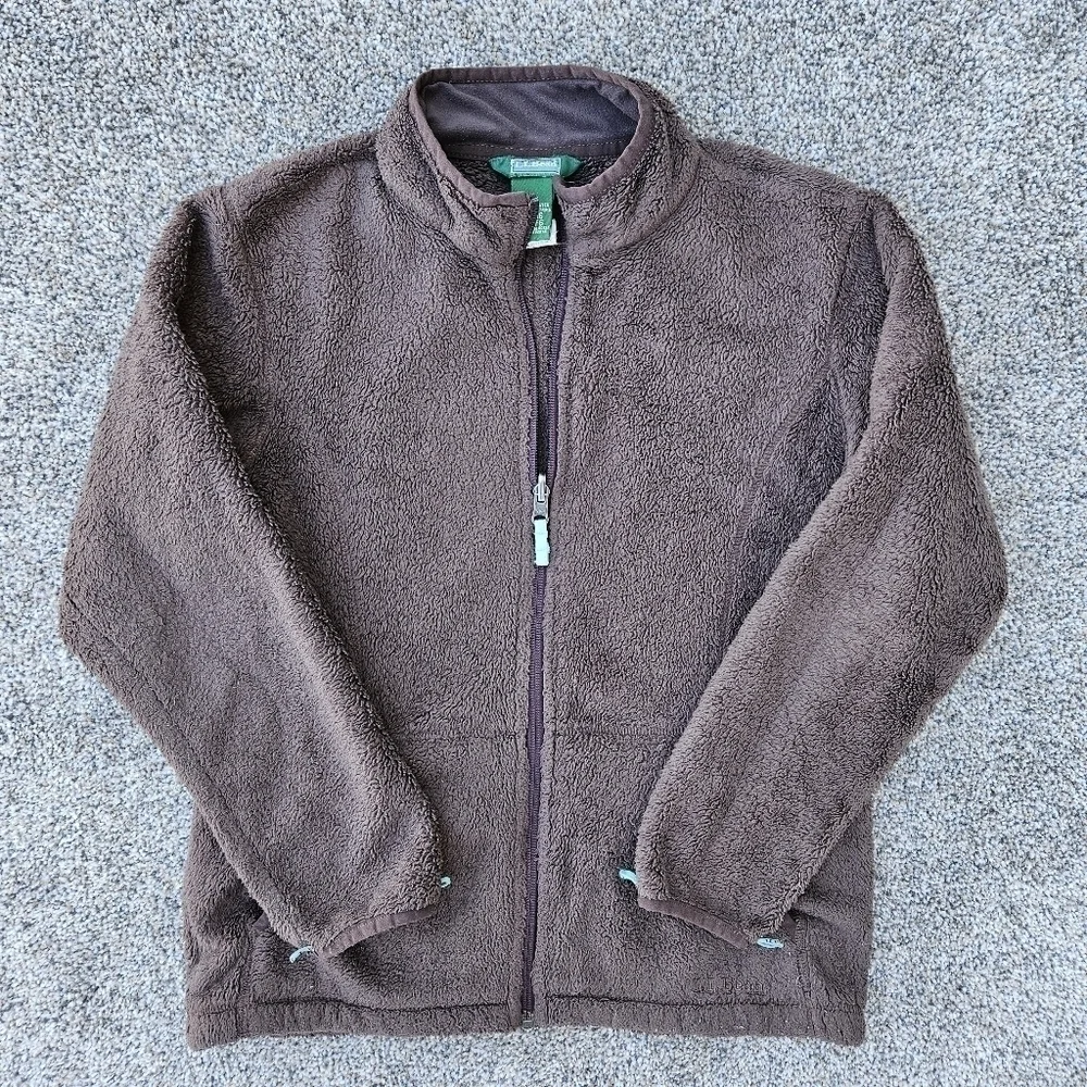 LL Bean Sherpa Fleece Brown Full Zip Jacket Sweatshirt Vintage Youth L 14-16